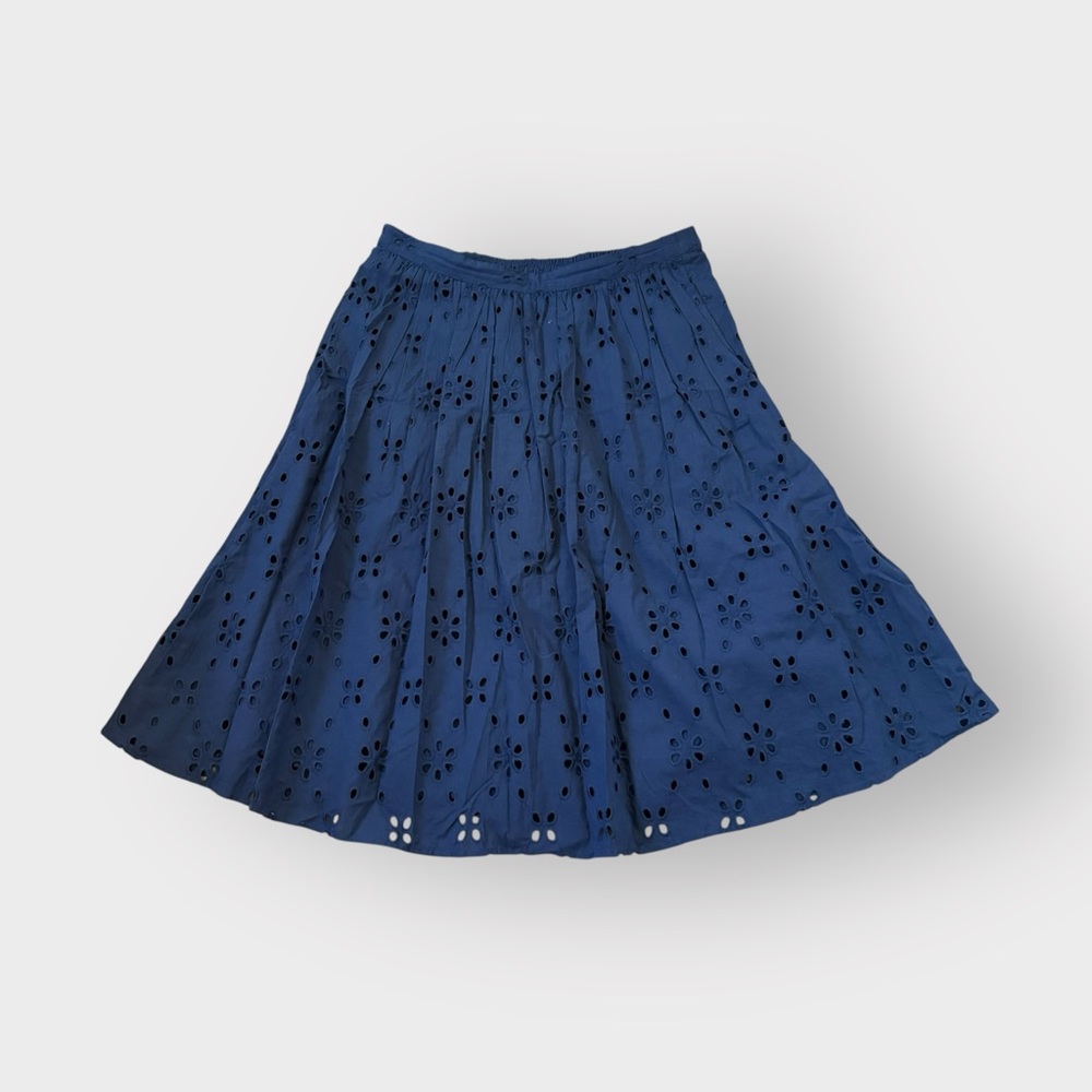 J.Crew Navy Blue Floral Daisy Eyelet A-line Full Knee Length Skirt - 100% Cotton